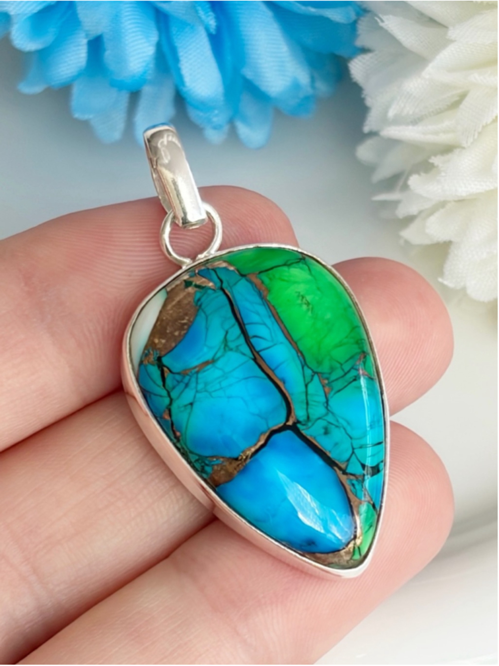 Sterling Silver 925 Genuine Kingman Peacock Dahlia Turquoise Pendant Handmade